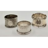 Three Silver Napkin Rings. Two hallmarked for Chester and an Art Nouveau example hallmarked