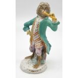 An Antique 19th Century German Meissen Well-Dressed Monkey Figure Playing a Flute. 13.5cm. Meissen