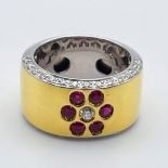 BEAUTIFULLY MADE 18K YELLOW GOLD DIAMOND & RUBY BAND RING. SIZE N. APPROX 0.50CT. 14G