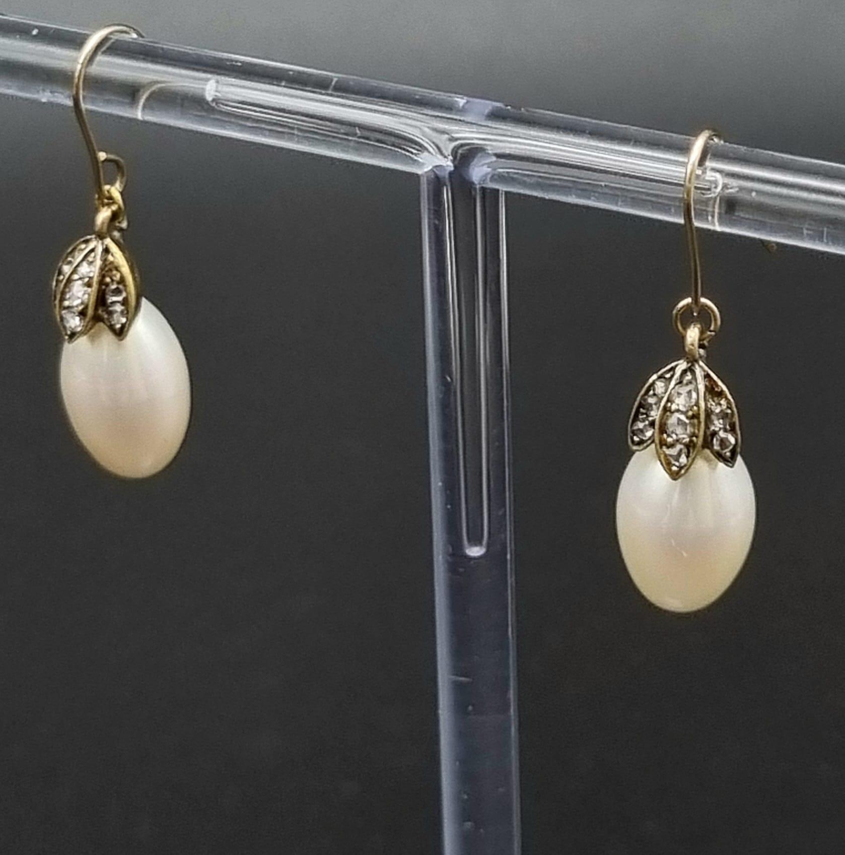 A Pair of Rose Diamond and Pearl Earrings. Oval shaped pearls with three leaves of rose diamonds. - Image 2 of 4