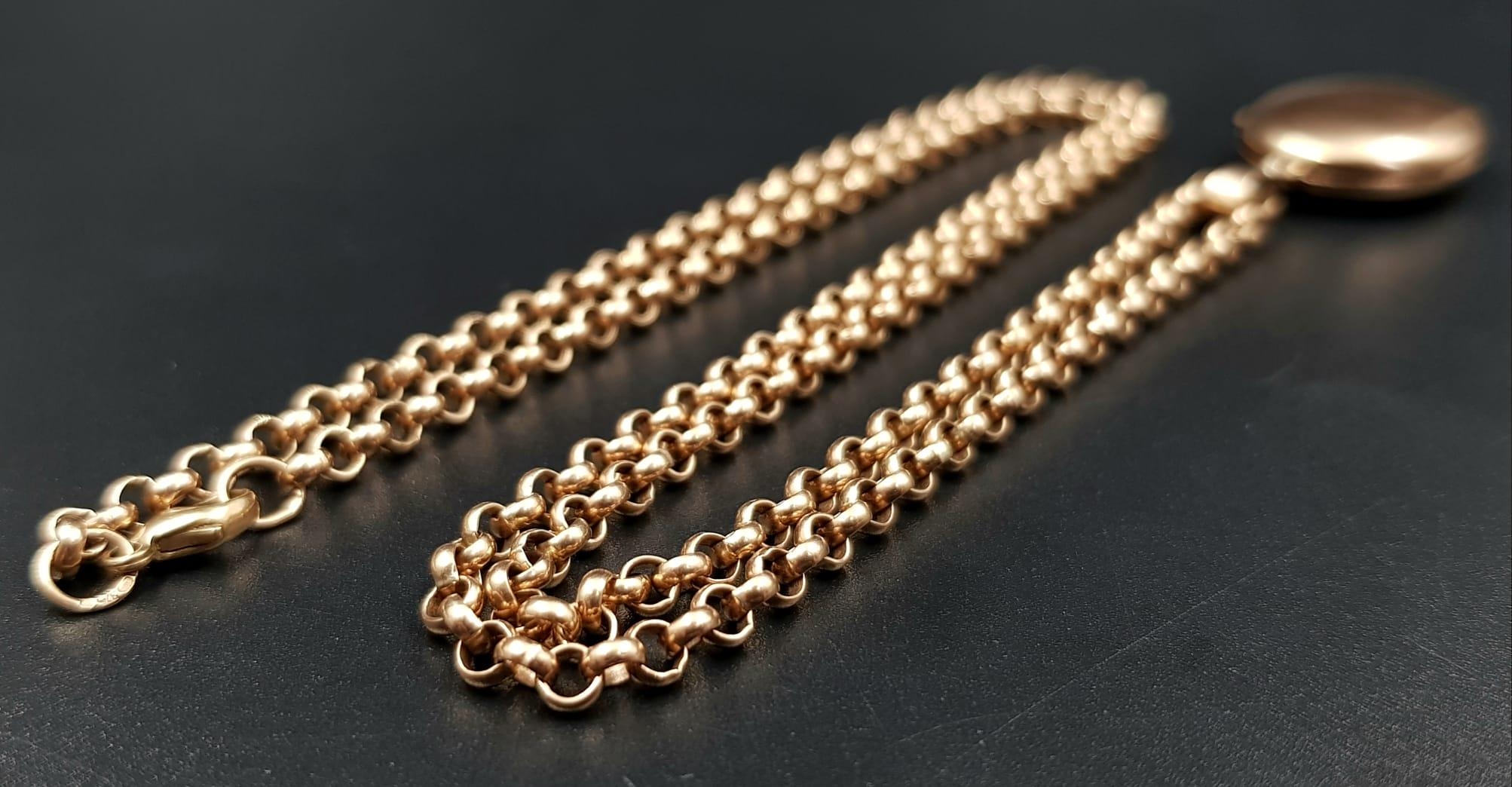 A VINTAGE 9K ROSE GOLD LOCKET ON A 60cms ROSE GOLD BELCHER CHAIN . 18.5gms - Image 4 of 5