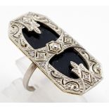 An Art Deco Platinum and Black Onyx Shield Ring. Size I 1/2. 6.58g total weight.