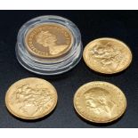 Four 22K Gold Full Sovereign Coins. 1911, 1929, 1963 and 1980. 32g total weight.