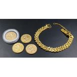 A 22k Yellow Gold Flat Link Bracelet and Four 22k Gold Full Sovereign Coins - 1911, 1913, 1957 and