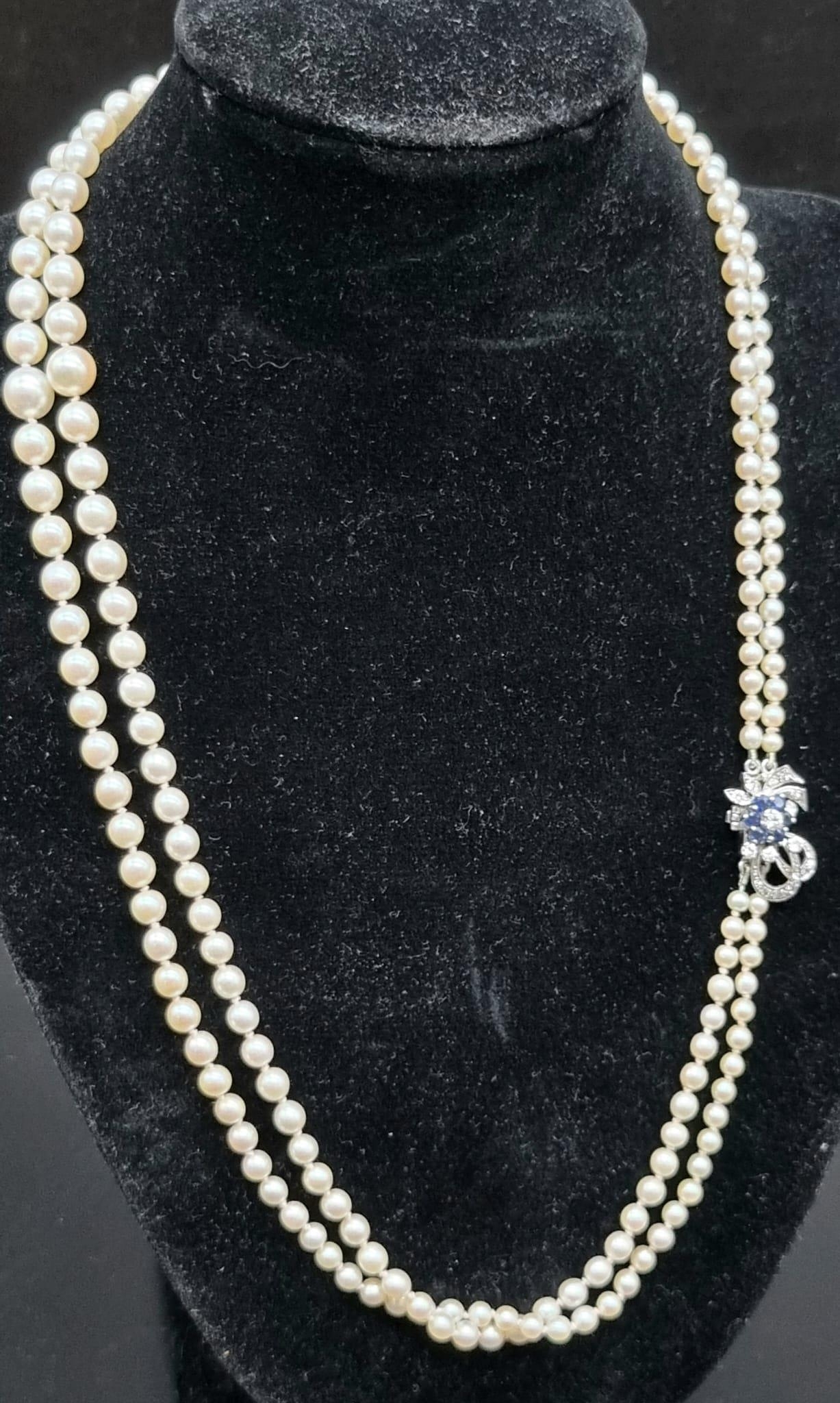 An Akoya (possibly natural) Double Strand Graduated Pearl Necklace with an 18K White Gold Diamond - Image 2 of 5