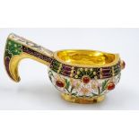 A Small Russian Silver Cloisonné Enamel Kovsh Bowl with Handle. Floral and gem-set decoration