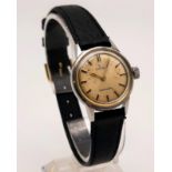 A Vintage Omega Ladies Seamaster Watch. Black leather strap with stainless steel case - 21mm.