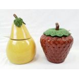 Two Vintage Large Fruit Shaped Ceramic Serving Pots. Strawberry and a Pear. 36 and 26cm.