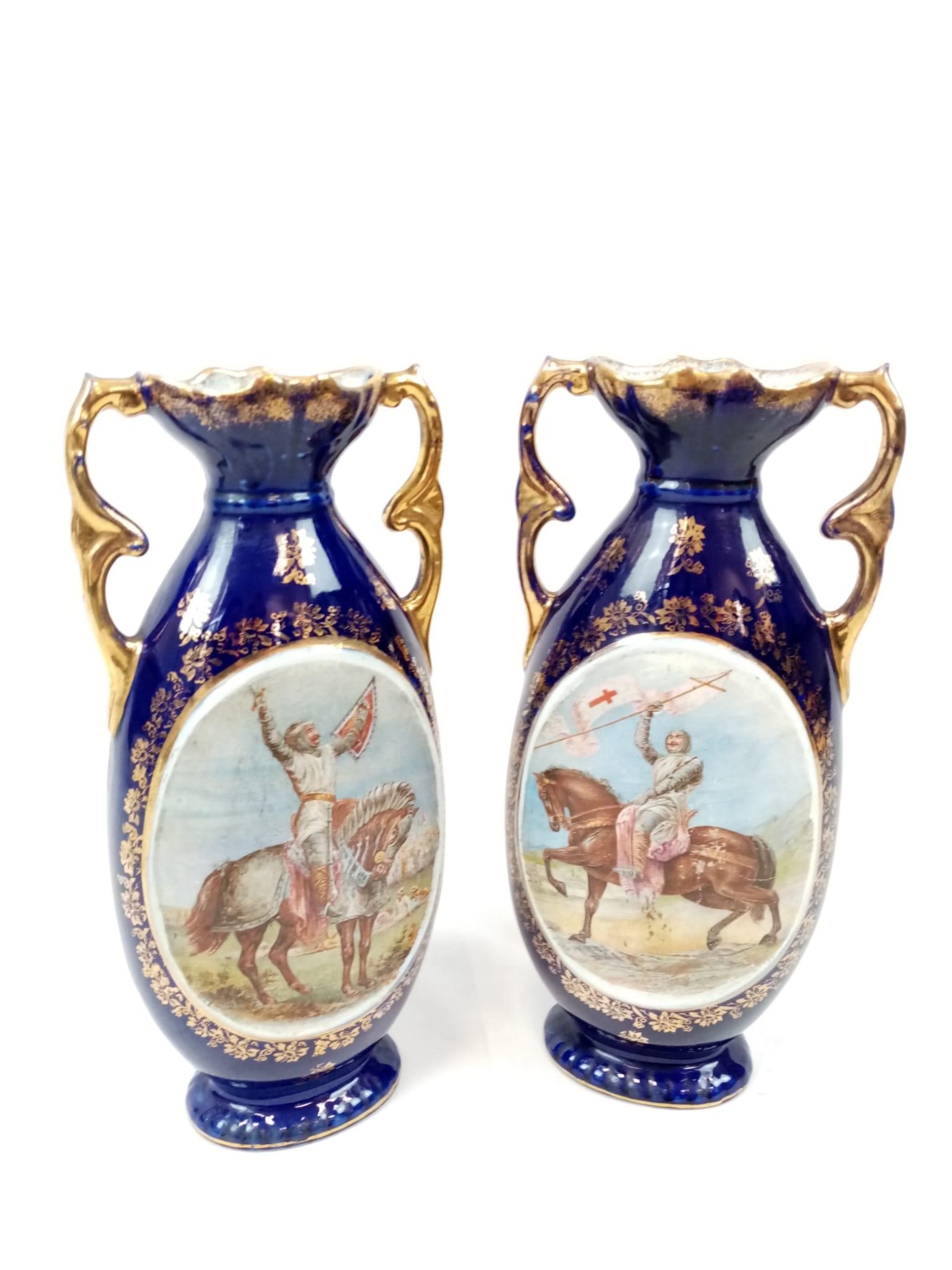 A VERY EARLY PAIR OF MACINTIRE BLUE GLAZED AND GILT VASES WITH CRUSADER PICTURES. 32cms tall. - Image 3 of 9