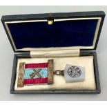 A Sterling Silver Masonic Medal in Original Lined Case. Silver bars on a claret and pale blue
