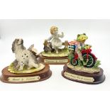 Three Leonardo Ceramic Figurines Including: Spaniel, Companions and James the Frog. All on wood