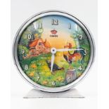 A Vintage Animated Hen and Rooster Alarm Clock. Hen pecks as the clock ticks. In working order.