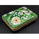 A Wonderful Russian Silver Gilt and Cloisonné Enamel Cigarette Case. Green base enamel with bird and