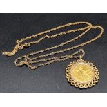 An 1890 22K Gold Full Sovereign Coin Mounted on 9K Gold with a 9K Gold Necklace. 60cm. 3cm diameter.