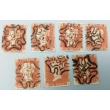 Seven Victorian Penny Red Stamps with Black Maltese Crosses. Bottom corner letters: RK, SA, AC,