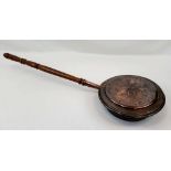 AN EARLY VICTORIAN BED WARMING PAN , WOODEN HANDLE WITH A COPPER PAN(SPLIT IN LID)A/F