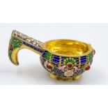 A Small Russian Silver Cloisonné Enamel Kovsh Bowl with Handle. Floral and gem-set decoration