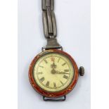 A Silver and Red Guilloche Vintage Ladies Watch. As found.