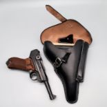 Vintage Replica Wood and Metal Replica Officers Luger with 1938 Style Leather Holster Marked Otto