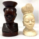 Two Antique African Tribal Figures - Bone and Ebony. 12cm wood. 11cm bone.