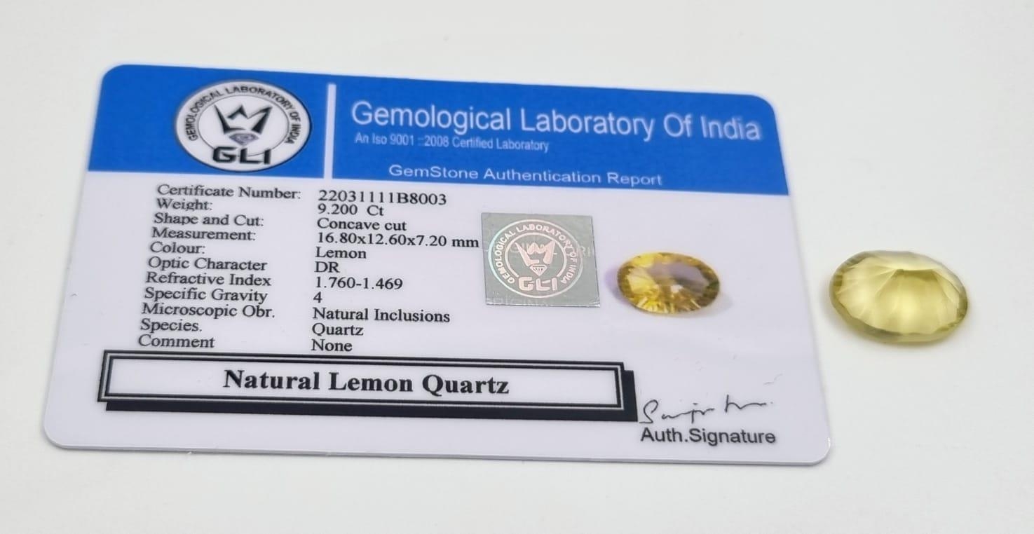 9.22ct Oval Concave Cut Lemon Quartz GLI Certified. - Image 2 of 4