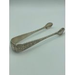 Antique pair of SCOTTISH SILVER TONGS , beautifully engraved and much larger than usual at 14.5 cm