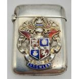 A Vintage Silver and Enamel Vesta Case. Decorated with the Bromley Coat of Arms. Hinge works well.