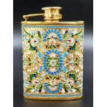 A Delightful Russian Silver and Cloisonné Enamel Hip Flask. Floral decoration and rich gilding