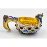 A Small Russian Silver Cloisonné Enamel Kovsh Bowl with Handle. Floral and gem-set decoration