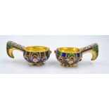 A Pair of Small Russian Silver Cloisonné Enamel Kovsh Bowls with Handles. Floral and gem-set