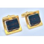 A 14k Yellow Gold (tested) Bloodstone Set of Cufflinks. 18.6g.