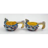 A Pair of Small Russian Silver Cloisonné Enamel Kovsh Bowls with Handles. Floral and gem-set