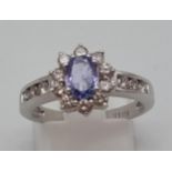 14K WHITE GOLD DIAMOND & SAPPHIRE CLUSTER RING 0.50CT DIAMONDS & 0.65CT SAPPHIRE SIZE M 1/2 3.6G.