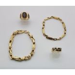 Mixed 14K Yellow Gold Jewellery Lot. To include: Two Bar link bracelets - 20cm. A Gents Oval Stone