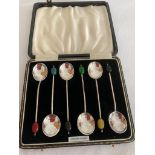 Vintage set of six SILVER ART DECO Coffee Spoons having coloured coffee bean finials to spoon