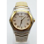 EBEL 2 TONE STEEL/GOLD QUARTZ BIMETAL WATCH, CIRCULAR CREAM FACE GOLD DIAL AND BEZEL, 38MM CASE COME