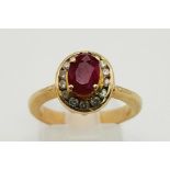 14K Yellow Gold Diamond & Ruby Cluster Ring Size M 4.7g, approx 1ct Ruby.