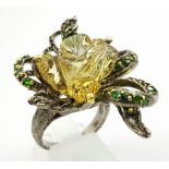 A gem loaded, antique (possibly Edwardian), sterling silver ring with carved citrine stones and