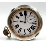 An Antique Silver Goliath Pocket Watch. Comes with hanger attachment at rear. White dial with sub