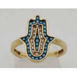 14K Yellow Gold Turquoise set Hamsa Ring 2.5g. Size M