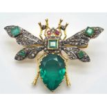 A Butterfly Emerald Beryl & Diamond Gold Plated Brooch. With Ruby Eyes, Diamonds 0.70 Ct,