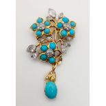 A beautiful, vintage, 18 K yellow gold, brooch with turquoise and diamonds. In excellent condition
