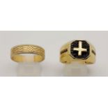 Two 14K Gold Rings: The first with a gold cross on small blue sapphires with small sapphires on