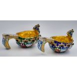 A Delightful Pair of Small Russian Silver Cloisonné Enamel Kovsh Bowls with Handles. Floral and