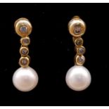 A Pair of 18K Yellow Gold Pearl and Diamond Drop Earrings. 0.5ct. 3.35g total weight.