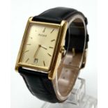 A GOLD PLATED PULSAR TANK STYLE QUARTZ WATCH WITH DATE BOX , GOLDTONE FACE AND LEATHER STRAP, HARDLY