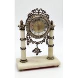 Early 20th century (circa 1910) Antique French silver alabaster gem-set miniature table clock. As