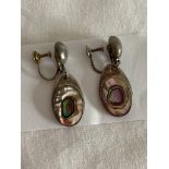 Vintage SILVER and ABALONE drop EARRINGS with screw back fastening.