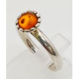 VINTAGE STERLING SILVER AMBER RING, SIZE O 3G