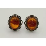 Sterling Silver Amber Stud Earrings Vintage Look 3.5g